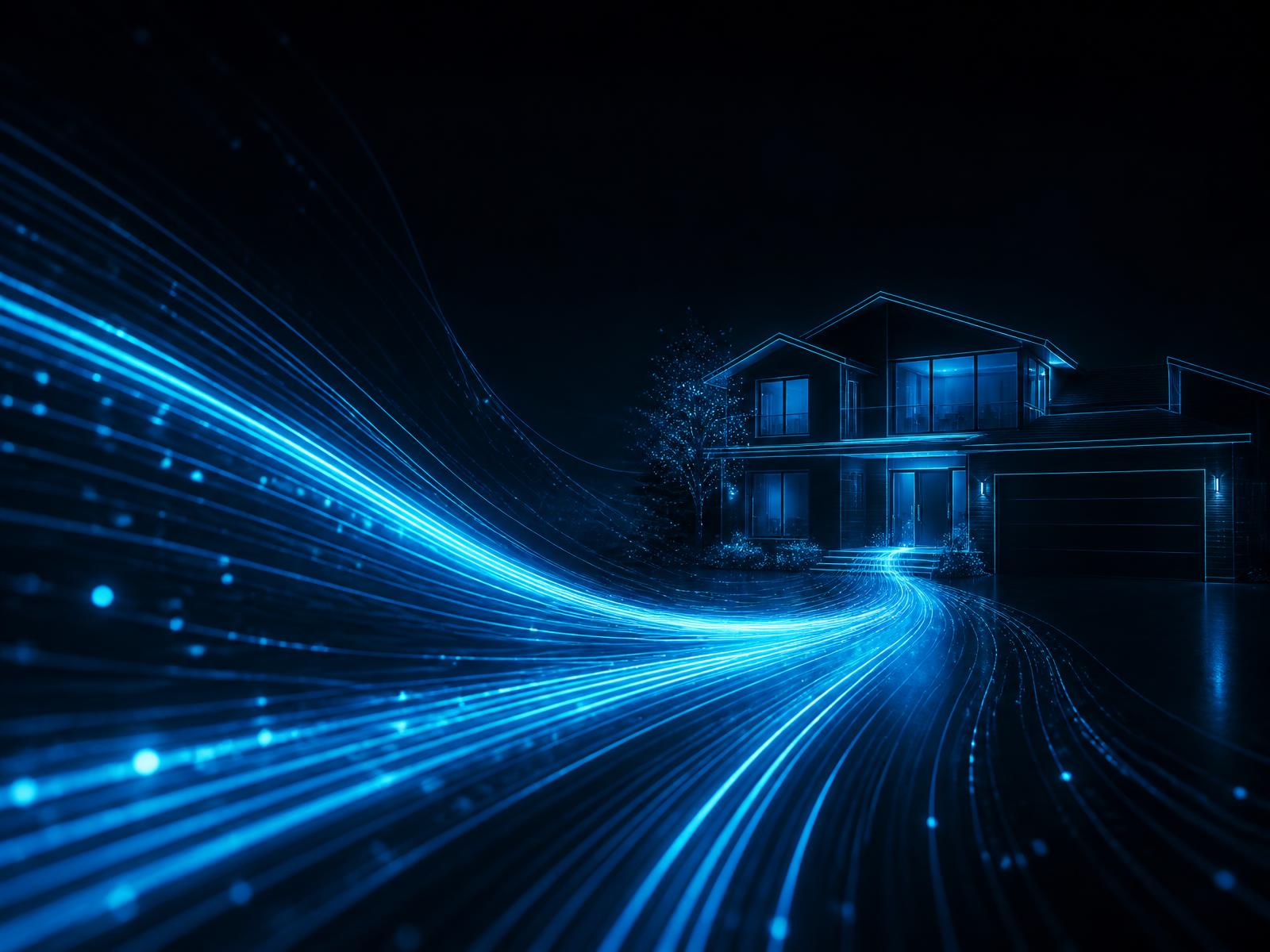 Illustration of fiber optic light strands connecting to a modern home